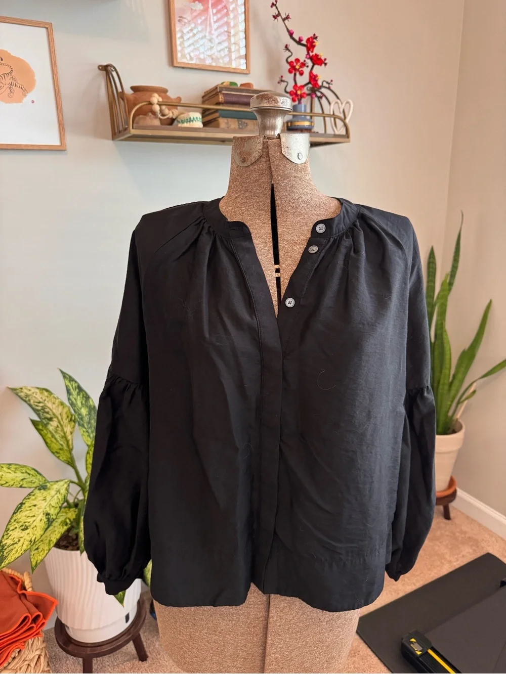 Madewell Black Button-Front Puff Sleeve Blouse